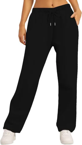 Vista 4 de Pantalones deportivos holgados de pierna ancha para mujer, pantalones deportivos de forro polar con bolsillos, cómodos pantalones de cintura alta
