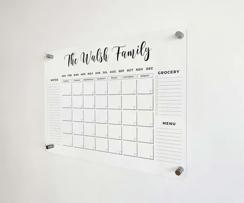 Vista 2 de Calendario personalizado con nombre de familia negro 2026 – Pizarra de borrado en seco personalizada, calendario de pared horizontal, calendario