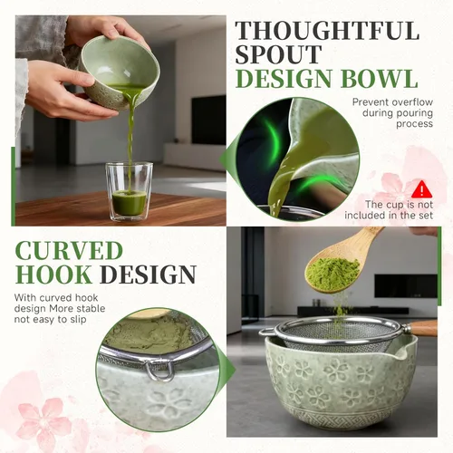 Vista 4 de Juego de batidor de matcha, utensilios de ceremonia de té japonés (8 piezas) con cuenco de matcha con boquilla (19 onzas), batidor de bambú, Verde