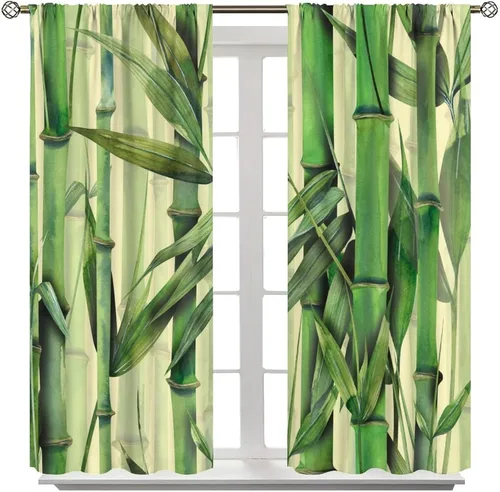 Vista 8 de Cortinas con estampado de bambú verde natural, plantas asiáticas, japonesas, tallos rústicos, hojas, cortina de selva con bolsillo para cortinero