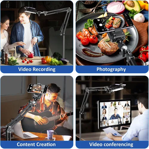 Vista 7 de Trípode para teléfono con luz recargable para cocinar videos, soporte de teléfono móvil con anillo de luz, creador de contenido, grabación de video