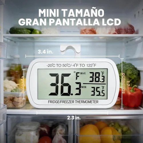 Vista 4 de Termómetro de refrigerador resistente al agua, termómetro digital para congelador, función de registro Max/Min, pantalla LCD grande y parte trasera