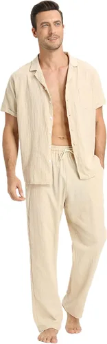 Vista 2 de RPOVIG Conjunto de camisa de lino conjunto de 2 piezas de lino para hombre camisas de manga corta pantalones de yoga trajes de playa y boda