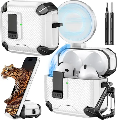 Vista 9 de Inesore Funda para AirPods Pro 1ª/2ª con bloqueo seguro (verde oscuro) Cubierta magnética de bloqueo automático con soporte para teléfono y kit