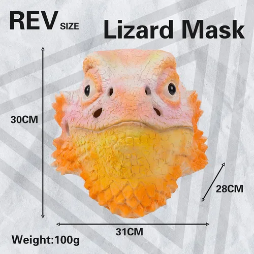Vista 2 de Máscara de lagarto de reptil, máscara de lagarto espinoso, máscara de animal para la cabeza, máscara de Halloween para adultos, color rojo
