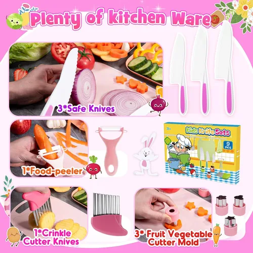 Vista 4 de 9 piezas de juego de cuchillos seguros para niños para cocina real, juego de cuchillos de cocina para niños con tabla de cortar, cortador