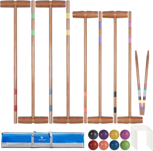 Vista 7 de SpeedArmis Juego de croquet para adultos – Kit de croquetas para 8 jugadores con regulación de 32 pulgadas, mazos de madera de goma
