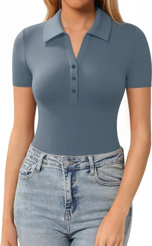 Vista 13 de HERLOLLYCHIPS Womens Short Sleeve Tops V Neck Button Down Collared Fitted Shirts