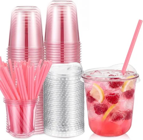 Vista 14 de Ziliny 25 juegos de vasos de plástico con pajitas y tapas de corazón rosa