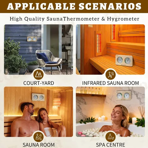 Vista 6 de Fahrenheit - Termómetro de sauna e higrómetro 2 en 1, termómetro de sauna con vidrio resistente al calor, accesorios de sauna de grado profesional