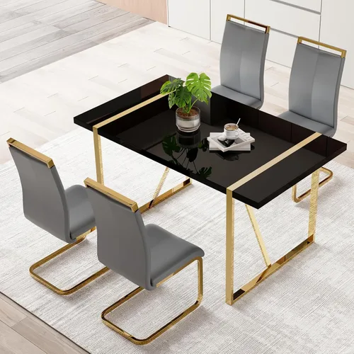 Vista 13 de Mesa de comedor Ebullient para 4, mesa de comedor rectangular negra de MDF, tapa de mesa de cena de mármol falso, mesa de comedor moderna con marco