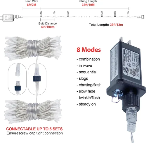 Vista 4 de Hopolon - Luces de Navidad para interiores y exteriores, luces de 100 LED rojas y verdes, 33 pies de luces de hadas centelleantes impermeables