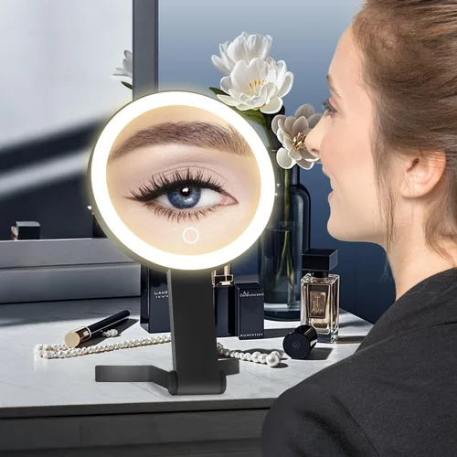 Vista 8 de Espejo de maquillaje iluminado, espejo de aumento 30X con luz, espejo colgante y de mano con asa, negro