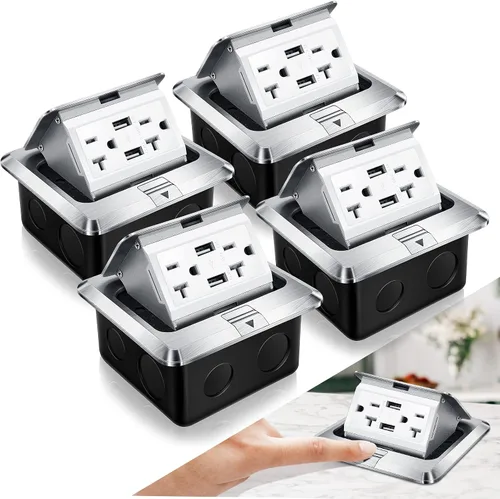 Vista 15 de Hoolerry Kit de 1 caja de cubierta de toma de corriente eléctrica de piso desplegable con cargador USB de 4.8 A, 20 amperios, impermeable