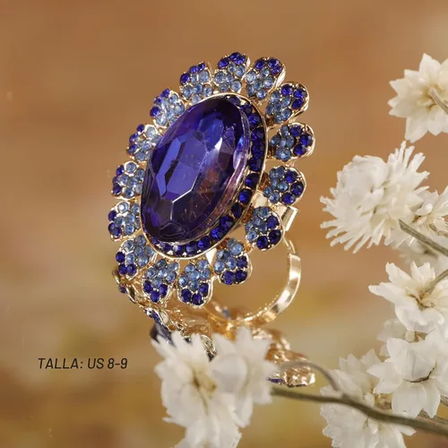 Vista 4 de Anillo de declaración de cristal azul dorado antiguo para mujer, anillo ovalado de diamantes de imitación, anillo de cóctel exagerado, anillo