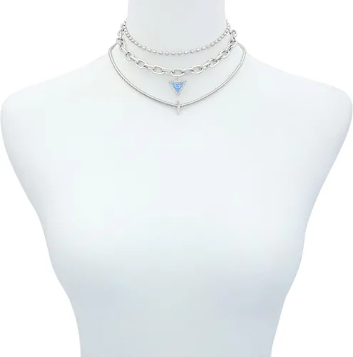 Vista 2 de GUESS Silvertone - Collar con cadena en V de 3 piezas, Metal, Piedra de vidrio