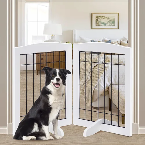 Vista 27 de LZRS Puerta plegable independiente de madera para perros de 2 paneles, madera maciza y alambre de acero, barrera para mascotas resistente a