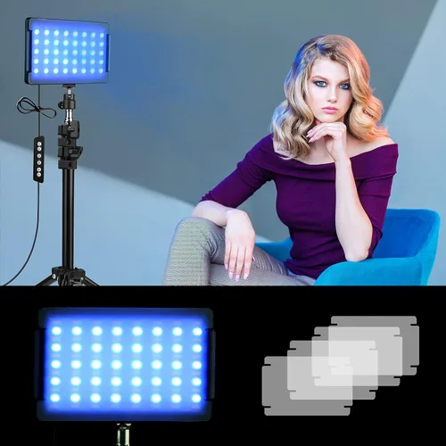 Vista 7 de Paquete de 2 luces LED RGB para video con soporte de trípode ajustable/filtros blancos, kit de iluminación de videoconferencia USB regulable de 2500