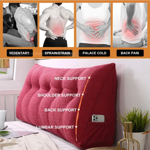 Vista 3 de Almohada triangular grande para cabecero de lectura, almohada de lino y algodón para sofá cama, cojín de apoyo de posicionamiento con funda Rojo