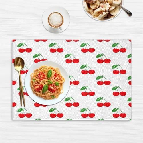 Vista 6 de Juego de 4 manteles individuales con patrón de cereza, lavables, impermeables, para decoración de mesa de comedor, 18 x 12 pulgadas