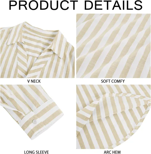 Vista 5 de Makkrom Camisa Henley de algodón para hombre, a rayas, manga larga, hippie, casual, para verano y playa