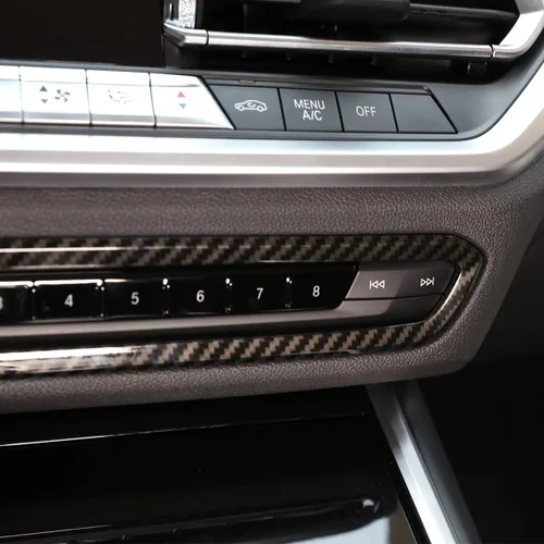 Vista 5 de Marco de ajuste de volumen de consola central de automóvil de material ABS para BMW Serie 3 G20 G28 2019 2020 (estilo de fibra de carbono)