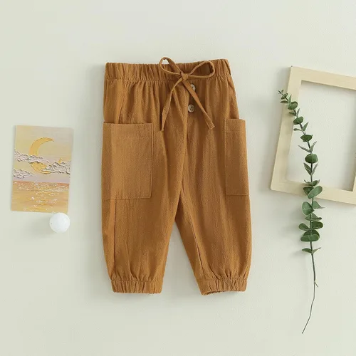 Vista 3 de Pantalones deportivos de algodón y lino para bebés, niños y niñas, elásticos, con botones básicos, estilo harén, ropa de otoño