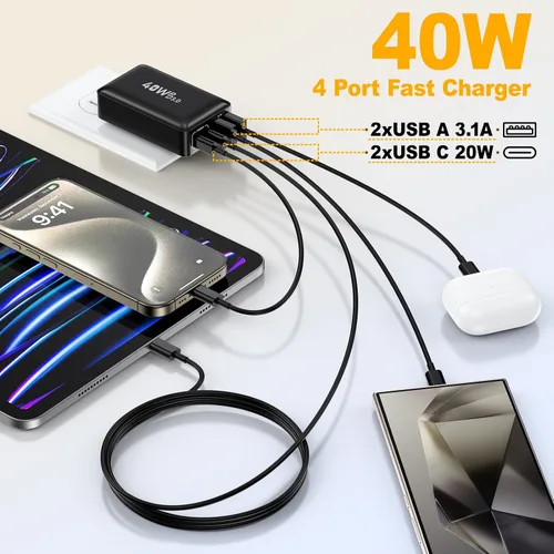 Vista 2 de Bloque de cargador USB C, 40 W, plano de 4 puertos, enchufe de pared USB de doble PD QC, adaptador de corriente de viaje de carga rápida multipuerto