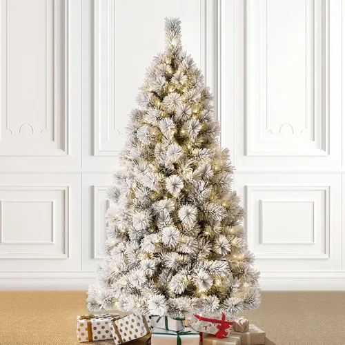 Vista 17 de Glitzhome - Árbol de Navidad artificial delgado preiluminado de 2.4 m, con ramas de pino Aspen Frostfall, soporte plegable de metal, 500 luces Aspen