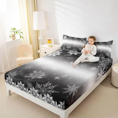 Vista 8 de Erosebridal Juego de sábanas bajeras de Navidad tamaño Queen, diseño de copos de nieve, color negro, gris, degradado, para niños y niñas, juego