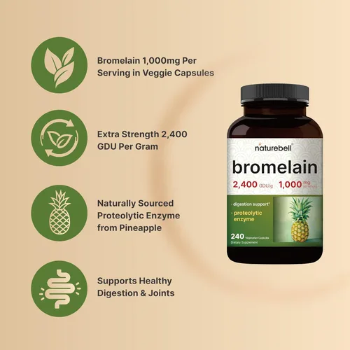 Vista 3 de NatureBell Bromelina, 1,000 mg por porción, 240 cápsulas vegetales 2,400 GDU - Enzimas digestivas y suplemento de apoyo articular - Enzimas