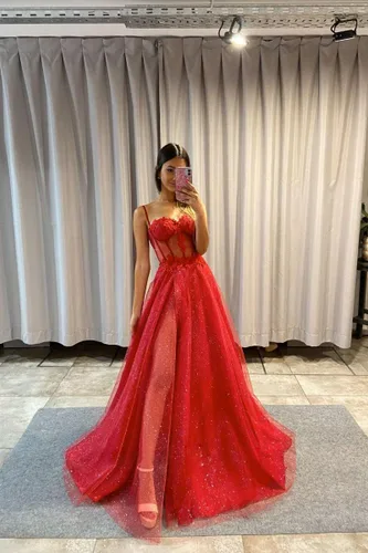 Vista 5 de Vestidos de graduación de tul con purpurina, tirantes delgados, apliques de encaje, flores de corazón, vestidos de fiesta de noche con abertura