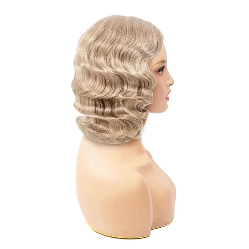 Vista 4 de IEBIYO Peluca rubia de los años 20 para mujer, peluca rubia con ondas de dedo, peluca vintage de pelo sintético para Halloween, cosplay, fiesta