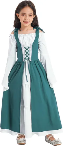 Vista 2 de Alvivi Vestido largo gótico renacentista medieval de princesa para niñas, disfraz de fiesta de Halloween