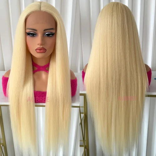 Vista 8 de Aubree Peluca de encaje frontal rubio 613, cabello largo y lacio, resistente al calor, fibra rubia, pelucas sintéticas sin pegamento, predepiladas
