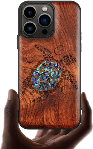 Vista 10 de Carveit Funda protectora de madera de diseñador para iPhone 13 Pro, cubierta magnética, grabado en madera e incrustaciones de concha, funda