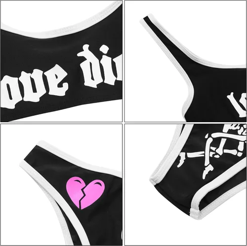Vista 40 de AIBEARTY Traje de baño de dos piezas con estampado de calaveras para mujer, conjunto de bikini triangular de corte alto para fiesta, festival