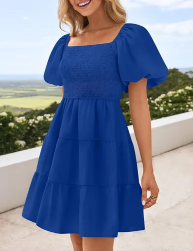 Vista 7 de ZESICA Mini vestido corto de verano bohemio 2025 con cuello cuadrado, manga abombada, hombros descubiertos, fruncido, escalonado, casual