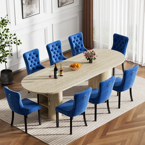 Vista 14 de Mesa de comedor redonda extensible con base de almacenamiento, mesa de comedor expandible natural de 63 a 94 pulgadas para 10 personas, mesa