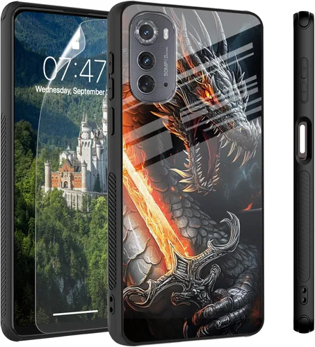Vista 90 de Funda para Motorola Moto Edge 2022, cubierta trasera de vidrio templado con protector de pantalla, funda protectora a prueba de golpes para Motorola