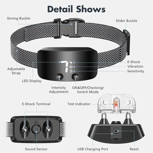 Vista 3 de NBJU - Collar antiladridos para perros, collar de adiestramiento antiladridos recargable, con 7 niveles de vibración ajustables de sensibilidad e