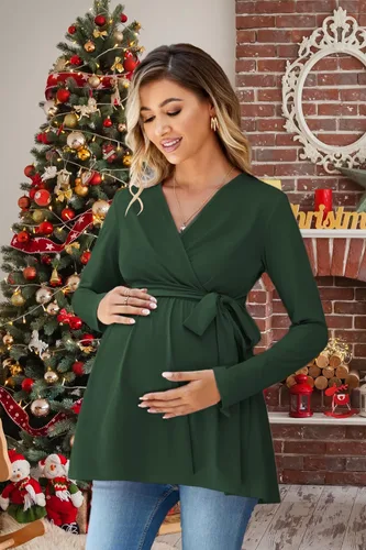 Vista 3 de OUGES Túnicas de maternidad para mujer, camisas de manga larga, cuello en V, ropa de maternidad de enfermería, blusa casual de embarazo