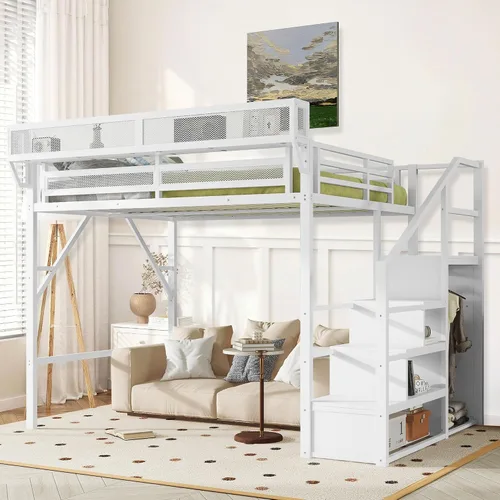 Vista 21 de Cama tipo loft de tamaño matrimonial con escaleras de almacenamiento integradas, armario, marco de cama alta de metal con barandilla lateral