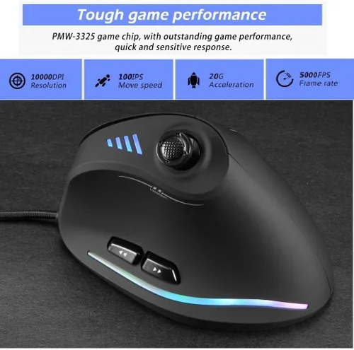 Vista 5 de ZLOT Ratón vertical para juegos, joystick USB ergonómico RGB con cable, mouse láser programable, diseño 6+1, 11 botones, tasa máxima de sondeo