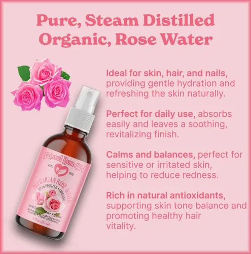 Vista 2 de Natural Born Oils Hidrosol de agua de rosas de 4 onzas, 100% pura y natural, orgánico, destilado al vapor, limpiador de tóner facial