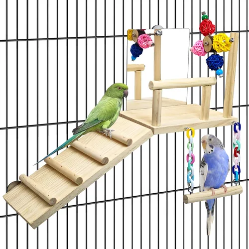 Vista 8 de BNOSDM Plataforma de perca para pájaros con espejo, escalera de escalada de madera para periquitos, juguetes de columpio para pájaros pequeños