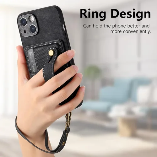 Vista 5 de Asuwish Funda de teléfono para iPhone 15 de 6.1 pulgadas con protector de pantalla de vidrio templado y correa de muñeca, soporte delgado
