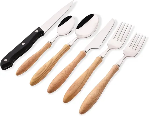 Vista 8 de Juego de cubiertos con mango de madera, 24 piezas (4 juegos), juego de cubiertos con cuchillos para carne, vajilla de acero inoxidable 304 de lujo