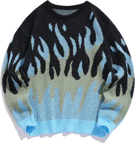 Vista 17 de ZAFUL Y2K - Suéter casual con estampado de llama estética para hombre, suéter de punto holgado, manga larga, cuello redondo