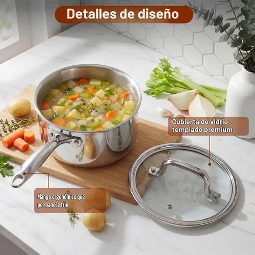 Vista 4 de Cook N Home Cacerola de acero inoxidable de 1.5 cuartos, tri-capa completamente revestida con tapa de vidrio, color plateado